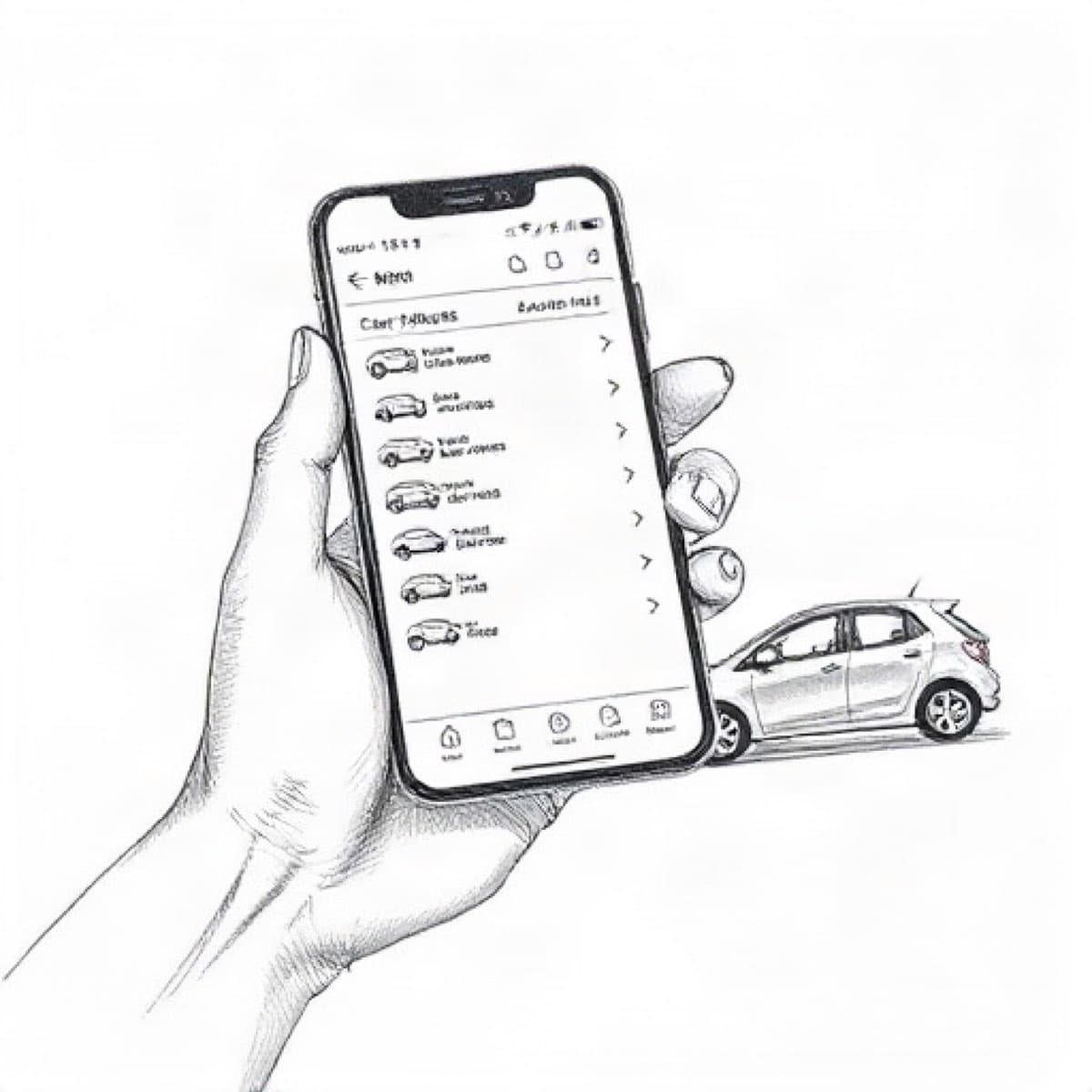 Pencil sketch of a hand choosing a car on a phone