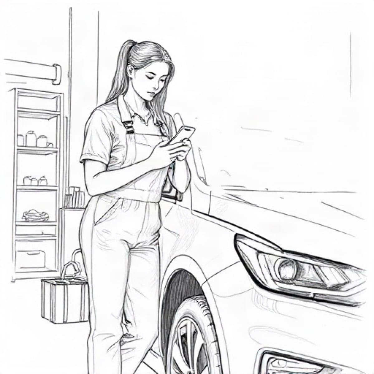 Pencil sketch of a mechanic typing on a phone beside a car