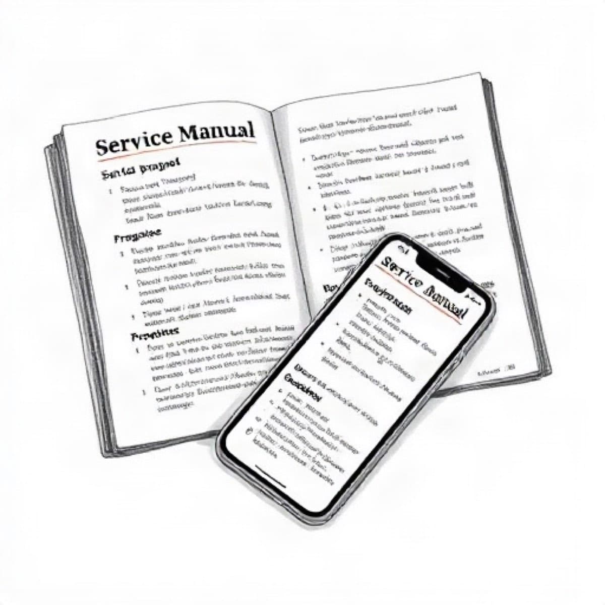 Pencil sketch of an open service manual with a phone showing the same procedure
