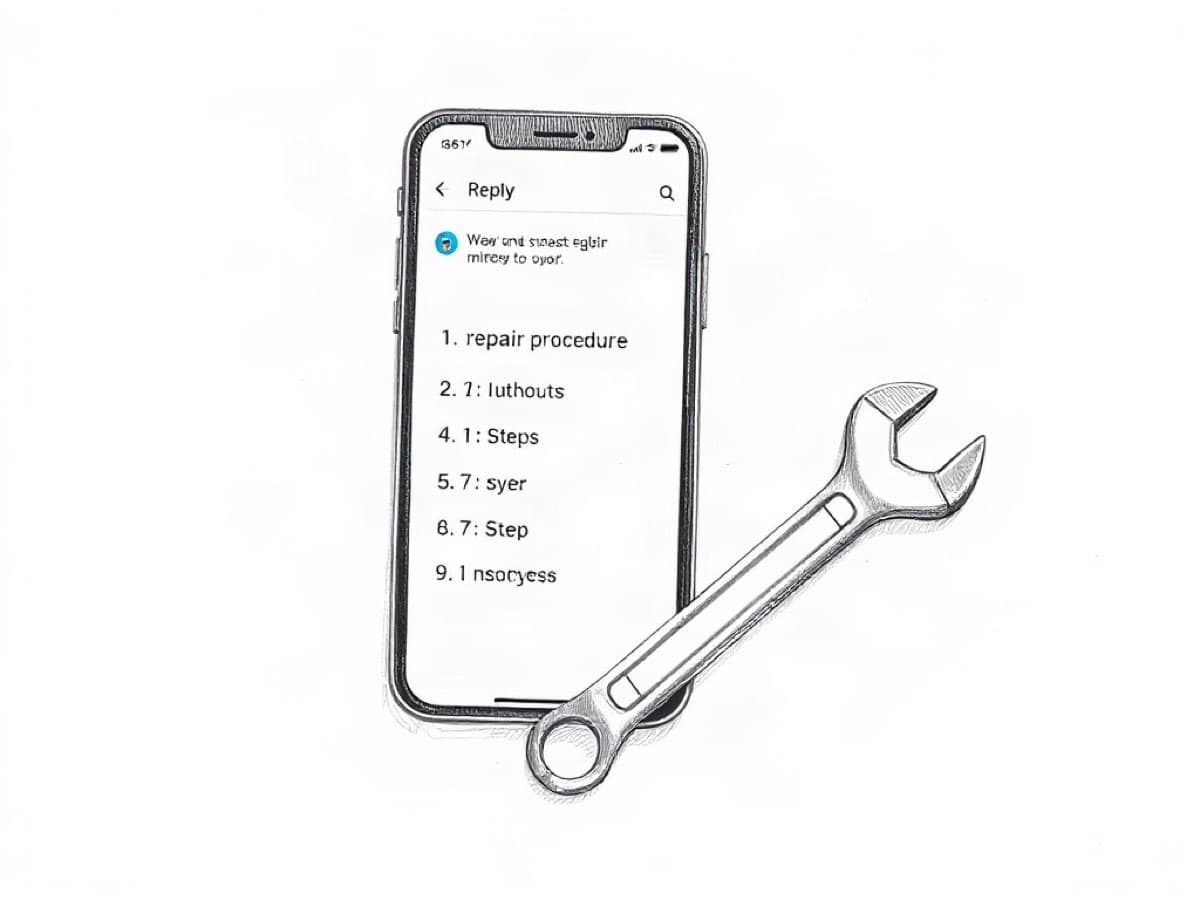 Pencil sketch of a phone showing a numbered repair procedure next to a wrench